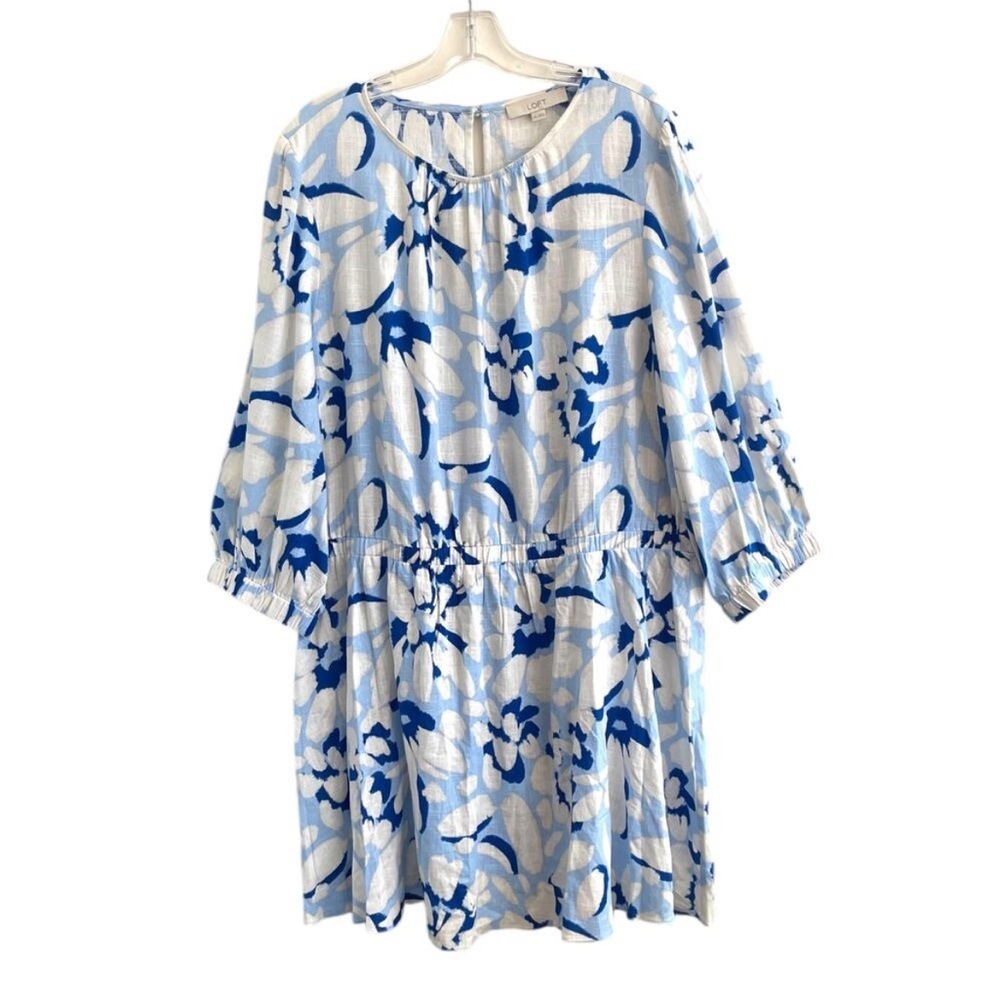 Loft XL Linen Blend Dress Blue Floral A-Line Vacation SPRING WEDDING GUEST DRESS - Picture 3 of 12